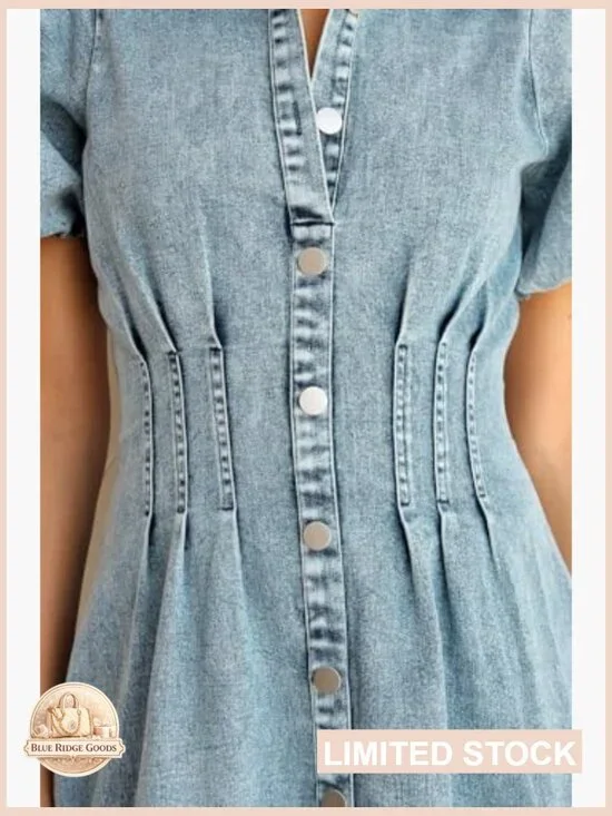 Puff Sleeve Denim Dress Slim Fit Casual Summer Mini A-Line Collared - Picture 4 of 7